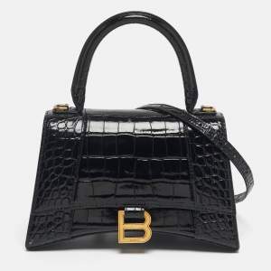 مملوكة مسبقًا Balenciaga Hourglass Small Black Croc Embossed Leather Top Handle Bag