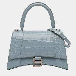 Pre Owned Balenciaga Blue Small Croc Embossed Hourglass Top Handle Bag