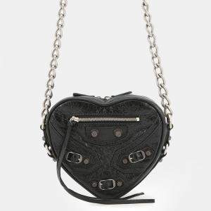 Pre Owned Balenciaga Lucagol Heart Chain shoulder Bag Black Leather