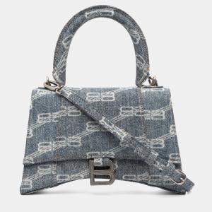 Pre Owned Balenciaga Blue Small BB Monogram Denim Hourglass Top Handle Bag