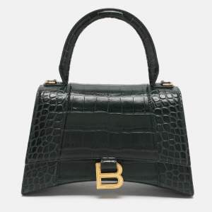 Pre Owned Balenciaga Hourglass Small Green Croc Embossed Leather Top Handle Bags