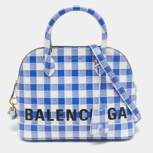 Pre Owned Balenciaga Ville Small Blue/White Checkered Leather Satchel