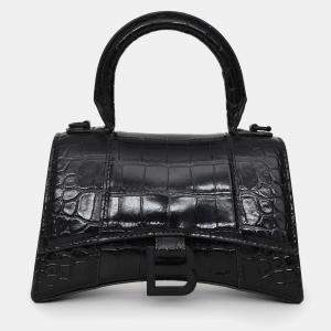 Pre Owned Balenciaga Black Croc Embossed XS Hourglass Top Handle Bag with Strap