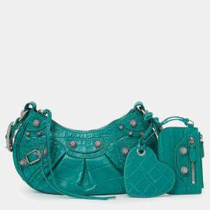 Pre Owned Balenciaga Green Leather Croc Embossed/Crystal Le Cagole Handbag