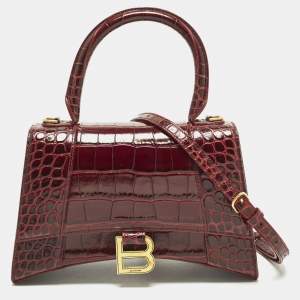 Pre Owned Balenciaga Hourglass Small Burgundy Croc Embossed Leather Top Handle Bag