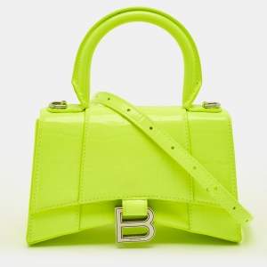 Pre Owned Balenciaga Hourglass XS Fluorescent Yellow Croc Embossed Leather Top Handle Bag