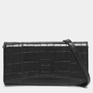 Pre Owned Balenciaga Hourglass Black Croc Embossed Leather Clutch Bag
