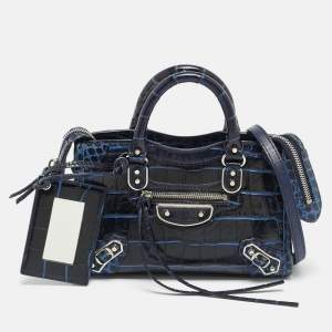 Pre Owned Balenciaga Metallic Edge Classic City Nano Navy Blue Croc Embossed Leather Tote