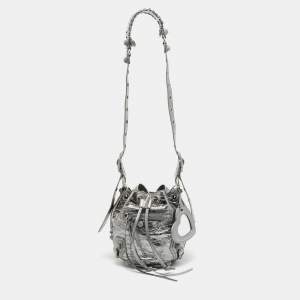 Pre Owned Balenciaga Le Cagole XS Silver Leather Bucket Bag