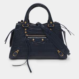 Pre Owned Balenciaga Neo Classic Small Blue Croc Embossed Leather Satchel