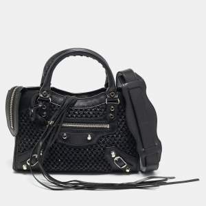 Pre Owned Balenciaga Classic City Mini Black Leather and Raffia Bag