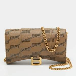 Pre Owned Balenciaga Hourglass Beige/Brown BB Monogram Coated Canvas Wallet On Chain