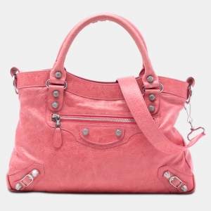 Pre Owned Balenciaga Pink Lambskin Motocross Giant 12 Town Satchel