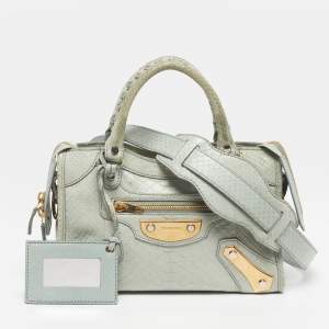Pre Owned Balenciaga Classic City Metal Plate Mini Green Python Tote