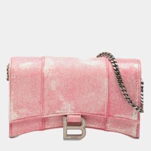 Pre Owned Balenciaga Pink Nappa Denim Printed Hourglass Wallet on Chain