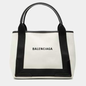 Pre Owned Balenciaga Black White Canvas Navy Cabas Tote S