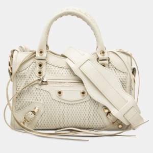 مملوكة مسبقًا Balenciaga White Mini Perforated Leather Motocross Classic City Satchel