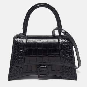 Pre Owned Balenciaga Hourglass Small Black Croc Embossed Leather Top Handle Bag