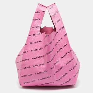 Pre Owned Balenciaga Pink/Black Allover Logo Leather Grocery Tote