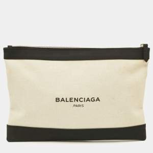 مملوكة مسبقًا حقيبة كلتش بالنسياغا بحري بيج/أسود قماش وجلد نوبيوك