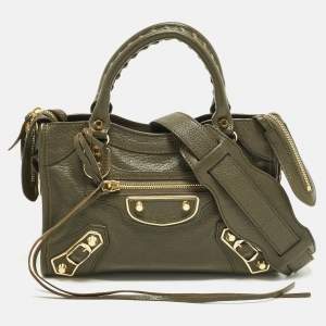 Pre Owned Balenciaga Metallic Edge City Mini Dark Green Leather Tote