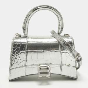 Pre Owned Balenciaga Hourglass XS Silver Croc Embossed Patent Leather Top Handle Bag