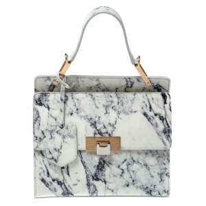 Pre Owned Balenciaga White Marble Print Leather Le Dix Cartable Top Handle Bag