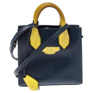 Pre Owned Balenciaga Navy Blue/Yellow Leather and Lizard Mini All Afternoon Tote
