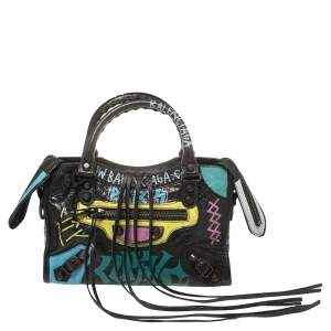 Pre Owned Balenciaga Black Graffiti Leather Mini RH Classic City Bag