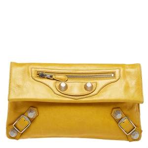 Pre Owned Balenciaga Yellow Leather Motocross Giant 21 Envelope Clutch