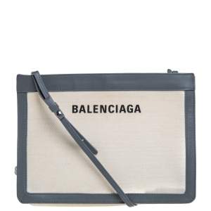 Pre Owned Balenciaga Beige/Grey Canvas and Leather Small Navy Pochette Crossbody Bag