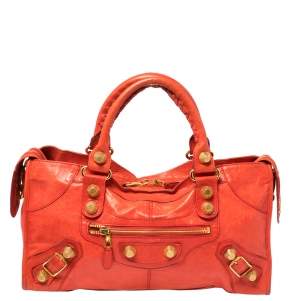 Pre Owned Balenciaga Orange Leather GSH Part Time Tote