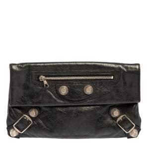 Pre Owned Balenciaga Black Leather Motocross Giant 21 Envelope Clutch