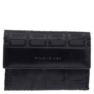 Balenciaga Black Monogram Nylon and Leather Trifold Wallet