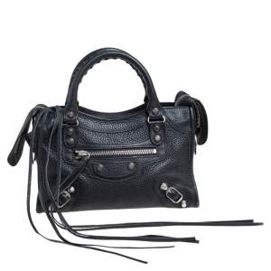 Pre Owned Balenciaga Black Leather Mini Classic City Tote
