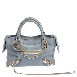 Pre Owned Balenciaga Ash Blue Leather Mini Classic Metallic Edge City Bag