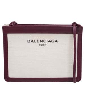Balenciaga Burgundy/White Canvas and Leather Medium Navy Pouch Crossbody Bag