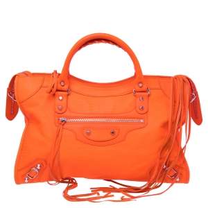 Pre Owned Balenciaga Orange Lizard Embossed Leather GGH Classic City Tote