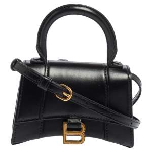 Pre Owned Balenciaga Black Leather Nano Hourglass Top Handle Bag