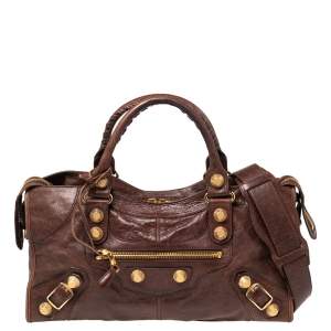 Pre Owned Balenciaga Brown Lambskin Leather Giant 21 Gold Part Time Tote