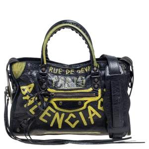 Pre Owned Balenciaga Black/Yellow Graffiti Leather Small Classic City Bag