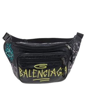 Balenciaga Black Graffiti Print Leather Logo Belt Bag