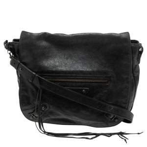 Balenciaga Black Leather Classic Arena Folk Messenger Bag