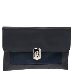 Balenciaga Black/Navy Blue Leather And Canvas Ottoman Padlock Clutch