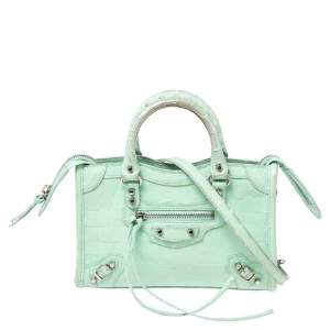Pre Owned حقيبة يد توتس بالنسياغا نانو كلاسيك سيتي جلد لامع نقشة التمساح أخضر منت 