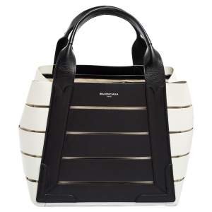 Pre Owned Balenciaga Black/White Leather And Canvas Cut Out Cabas Tote