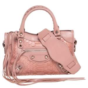 Pre Owned Balenciaga Light Pink Python And Leather Mini Classic City Bag