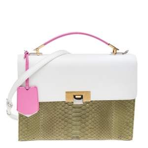 Pre Owned Balenciaga White/Green Leather And Python Le Dix Cartable Top Handle Bag