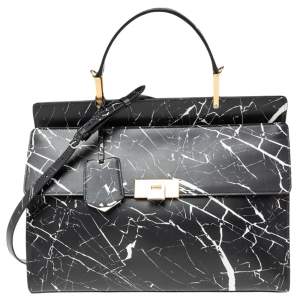 Pre Owned Balenciaga Black/White Marble Print Leather Le Dix Cartable Top Handle Bag