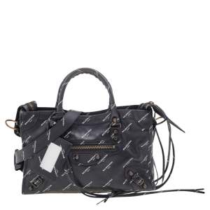 Pre Owned Balenciaga Black Leather All Over Logo Print Classic Small City RH Tote
